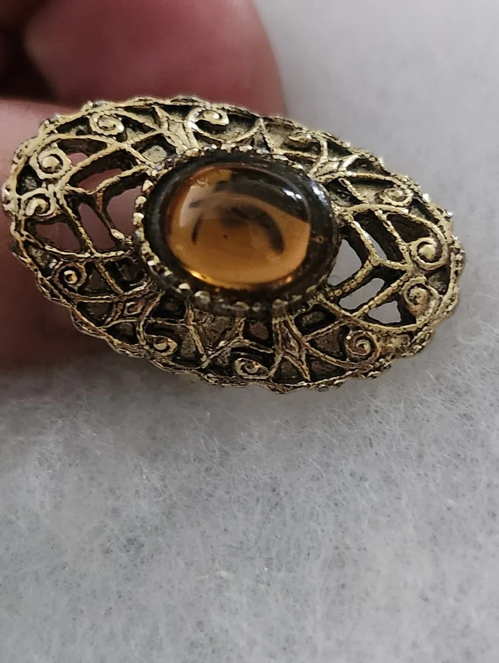 Vintage Filigree Oval Ring with Amber Cabochon